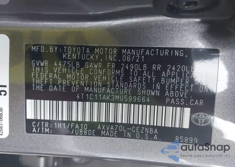 2021 Toyota Camry Le from USA, damaged, VIN 4T1C11AK3MU599664